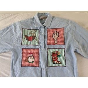Vintage 90s Western Embroidered Christmas Denim Shirt Size 14 Large‎ Cowboy